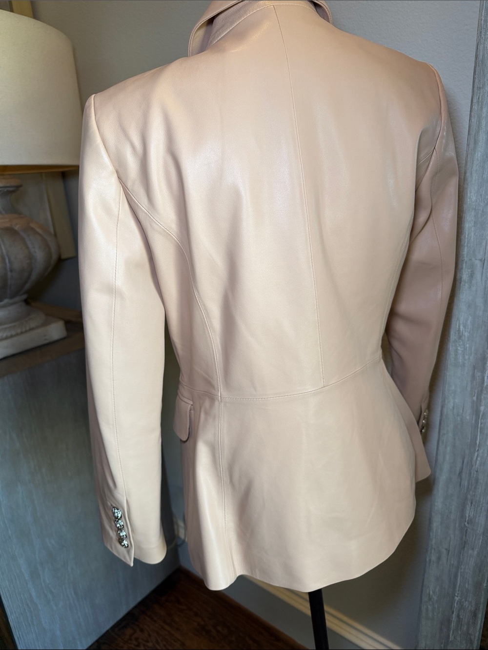 Leather Double-Breasted Blazer in Pale Rose - Picture 6 of 8
